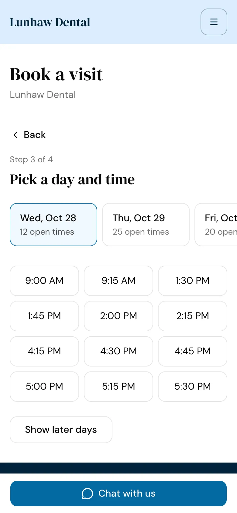 Booking a visit on a phone: a row of days and the open times for the day picked