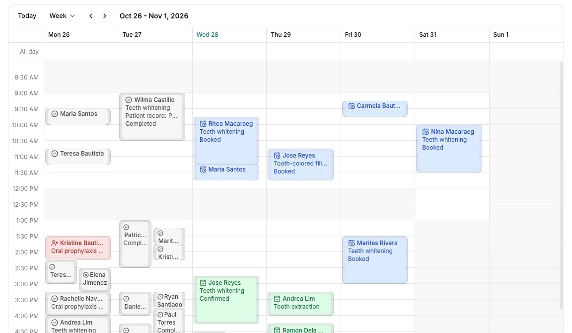 A week in the Greetfolk calendar of a dental clinic, with visits marked completed, booked and confirmed