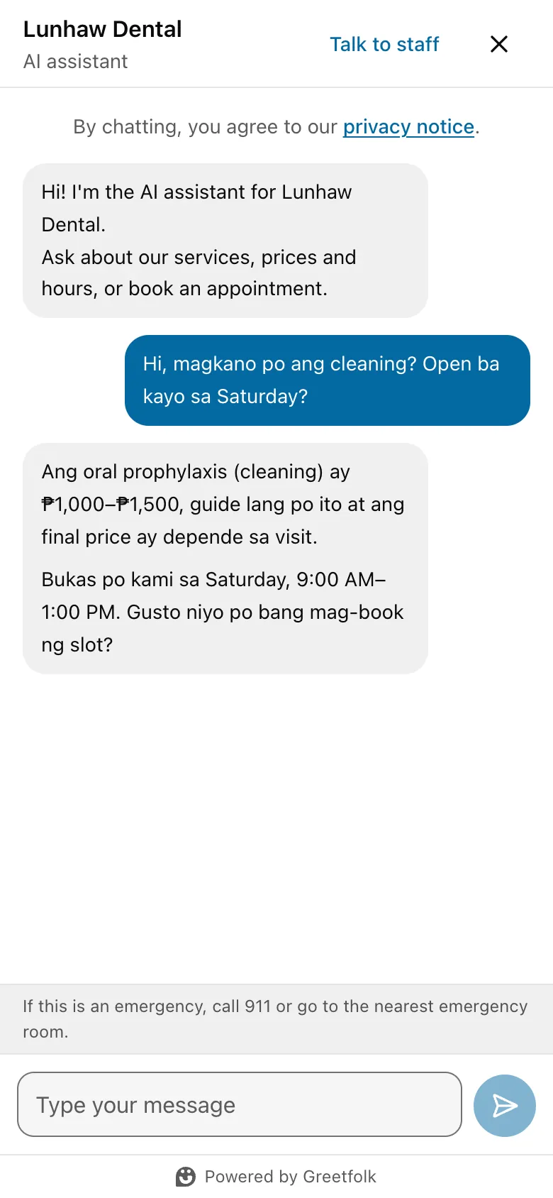 The AI receptionist on a dental clinic's site answering, in Taglish, what a cleaning costs and the Saturday hours