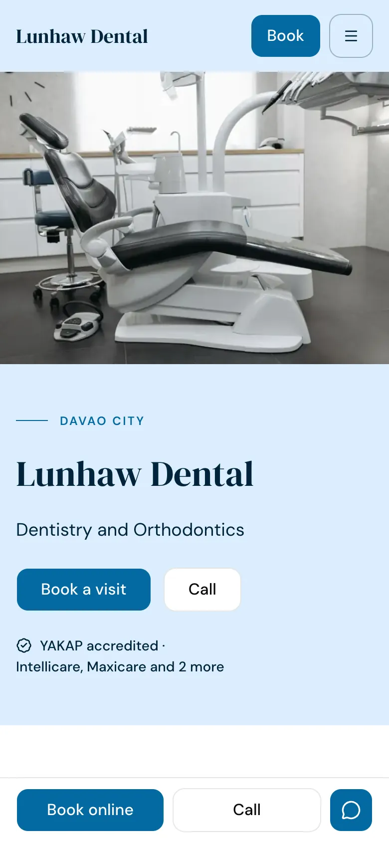 The website of Lunhaw Dental, a dental clinic, on a phone, with its clinic photo and Book a visit and Call buttons