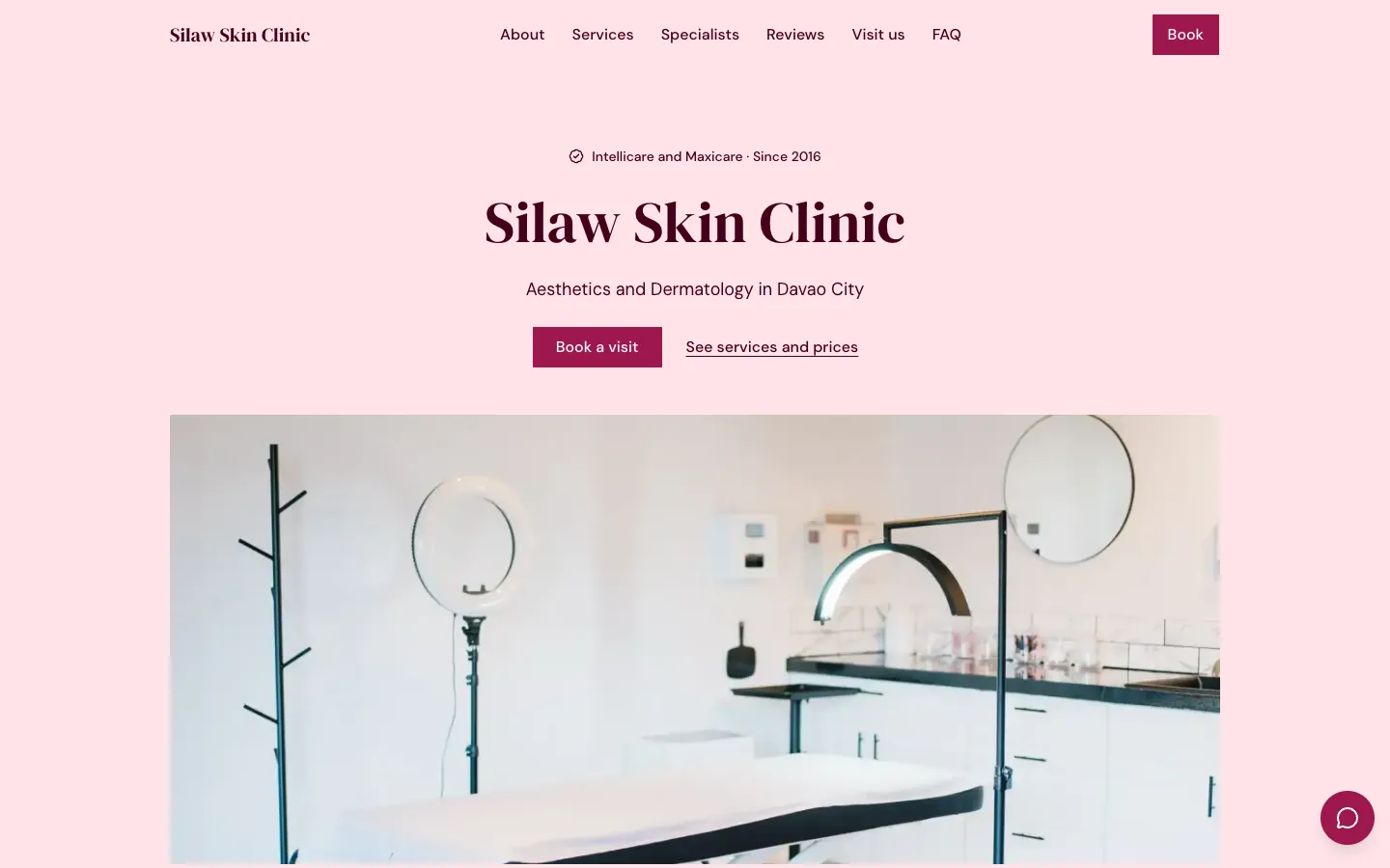 The website of Silaw Skin Clinic, a skin clinic, on a computer, with its treatment room photo and a Book a visit button