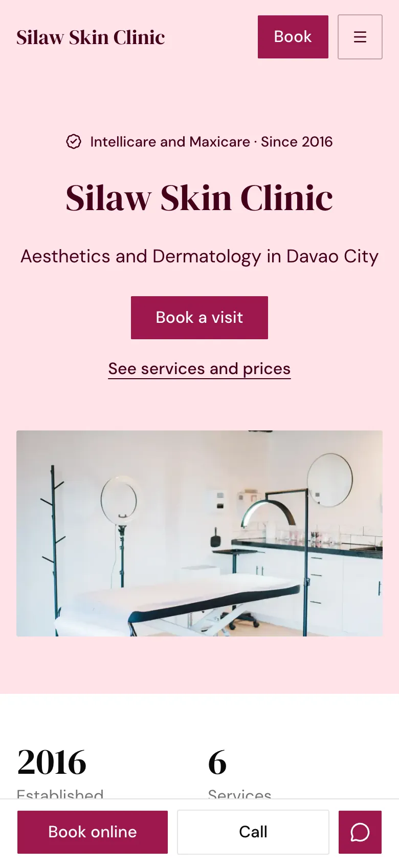 The website of Silaw Skin Clinic, a skin clinic, on a phone, with the HMOs it accepts and a Book a visit button